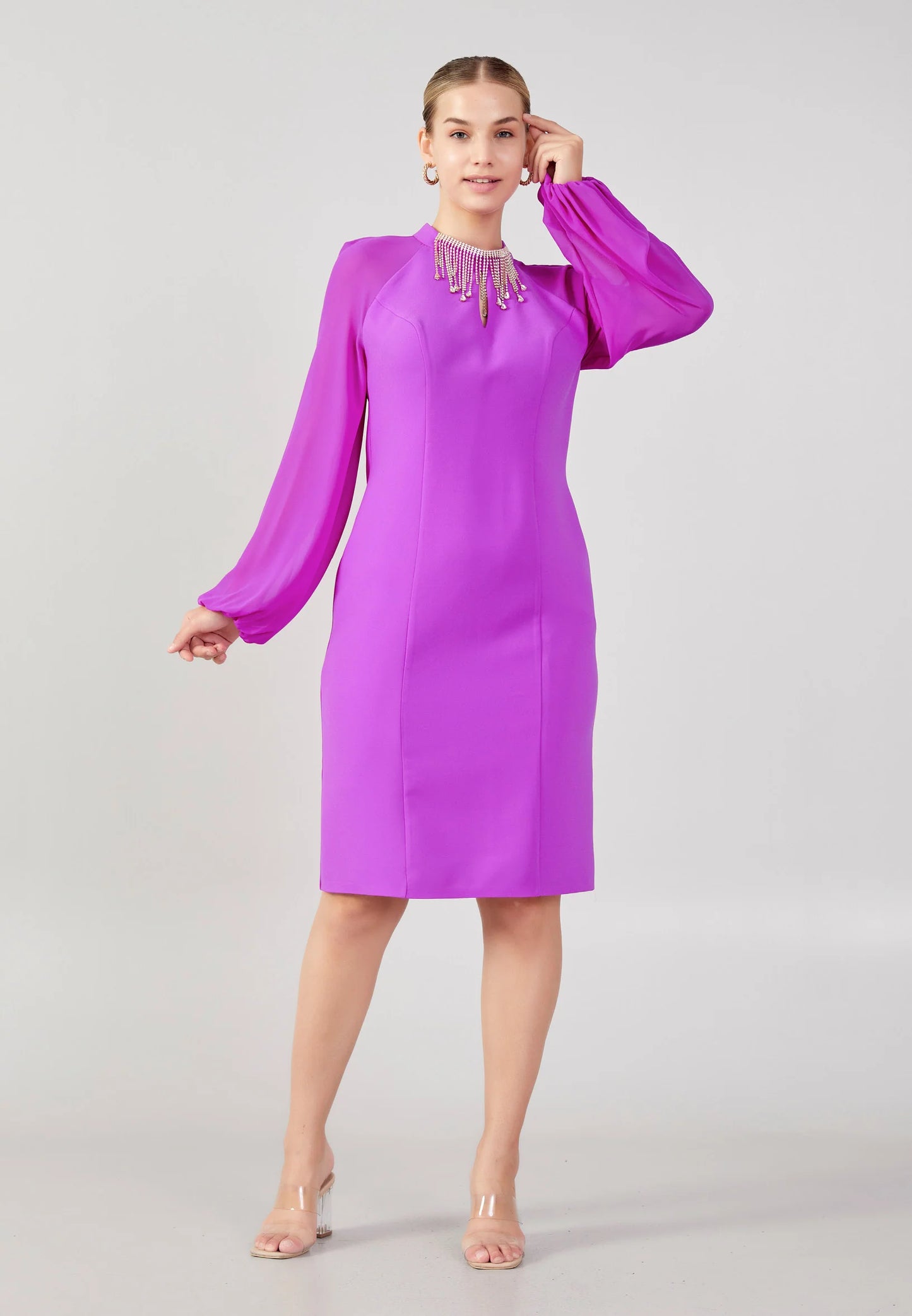 Long Sleeve Midi Crepe Column Plus Size Evening Dress Unit Price: €40
