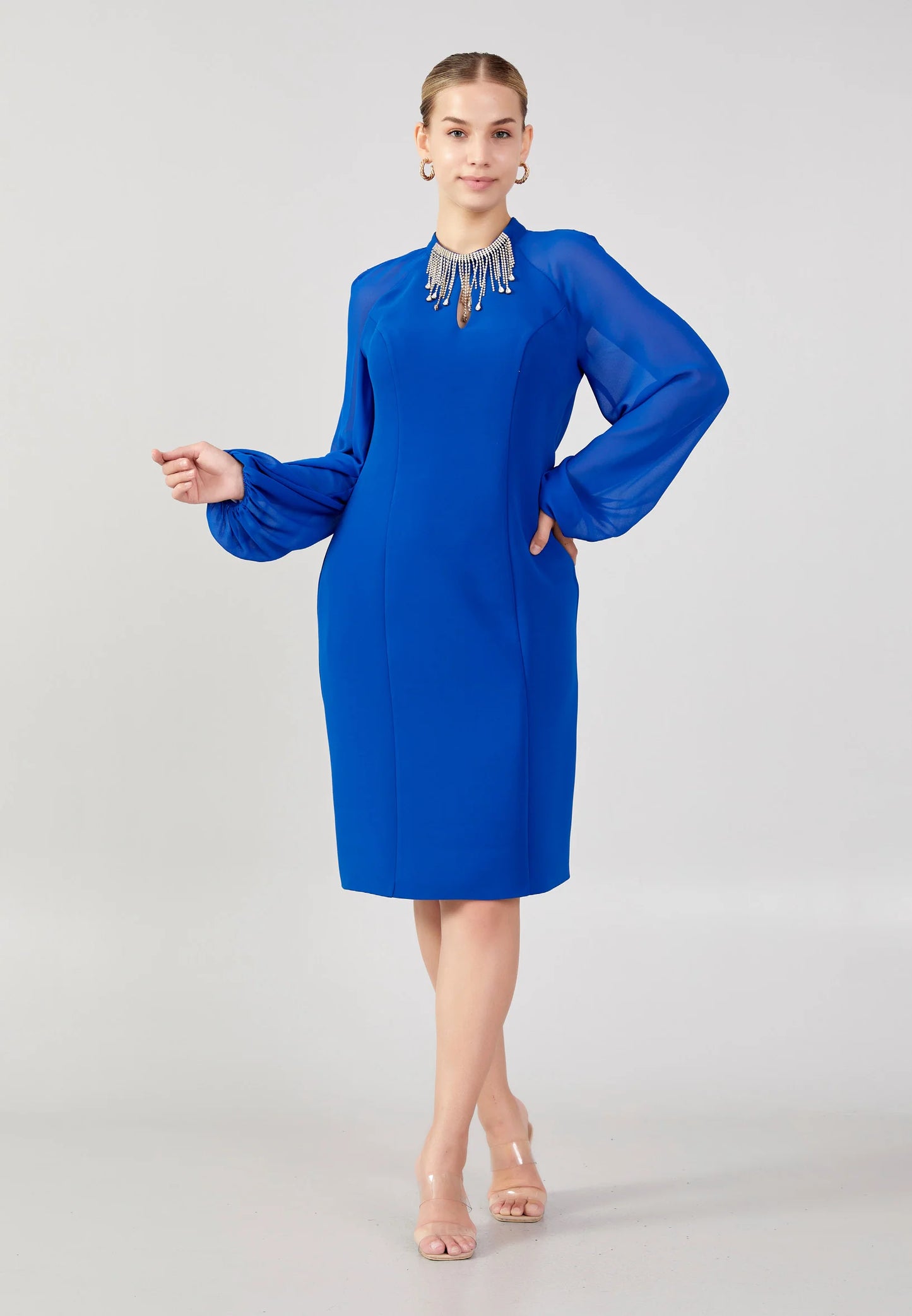 Long Sleeve Midi Crepe Column Plus Size Evening Dress Unit Price: €40