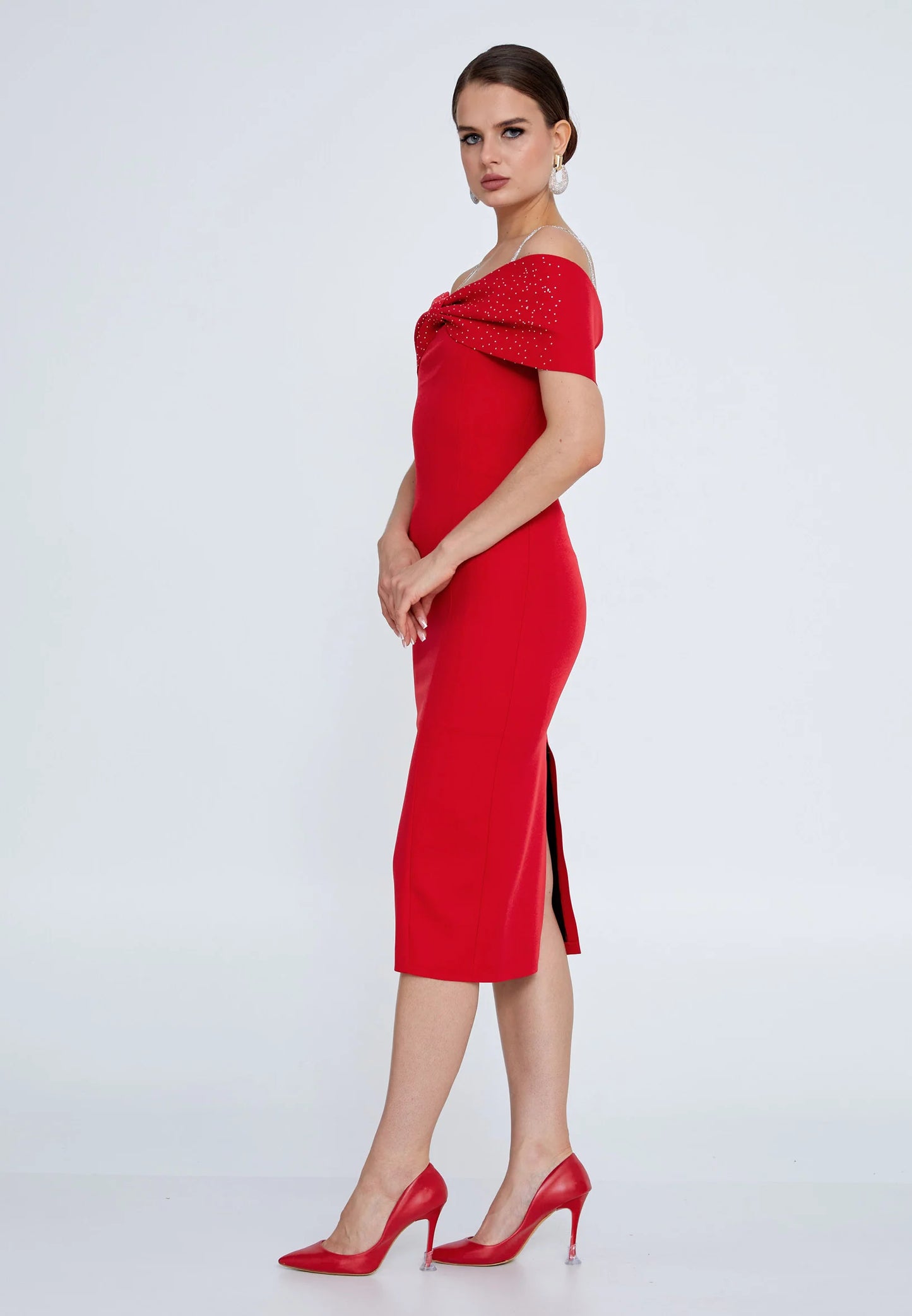 Off Shoulder Midi Crepe Column Regular Evening Dress Unit Price: €30