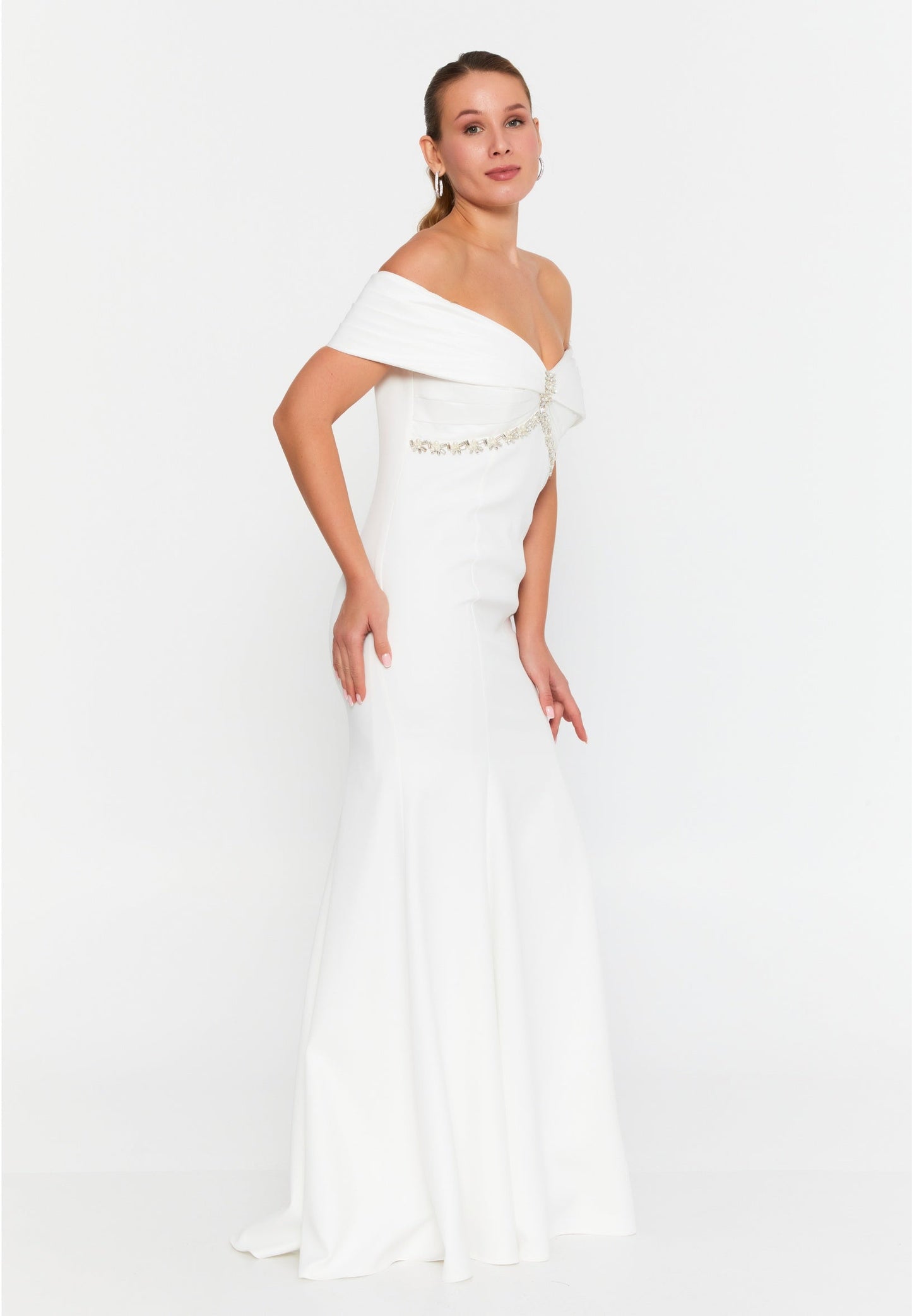 Off Shoulder Maxi Crepe Mermaid Plus Size Wedding Guest Dress Unit Price: €60