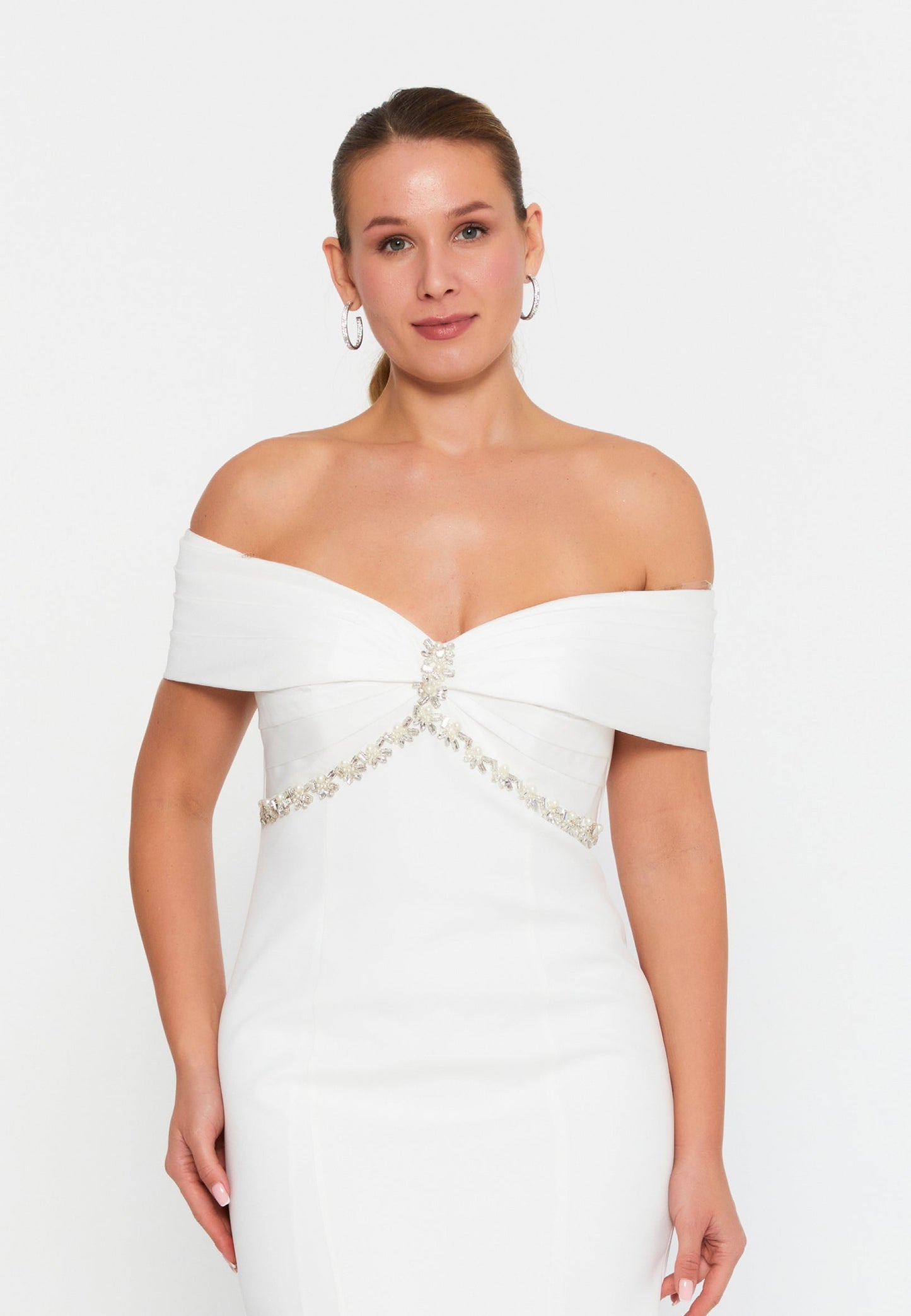 Off Shoulder Maxi Crepe Mermaid Plus Size Wedding Guest Dress Unit Price: €60