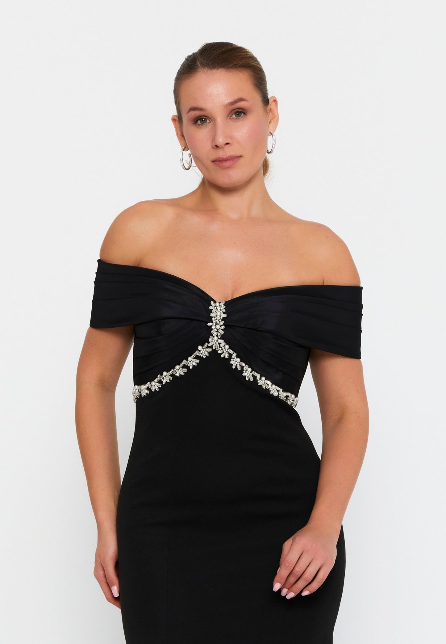 Off Shoulder Maxi Crepe Mermaid Plus Size Wedding Guest Dress Unit Price: €60